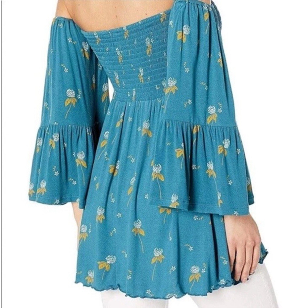 Free People Lana Tunic Top Blouse Size:S Off Shoulder Blue Floral Smocked Teal - Picture 3 of 12
